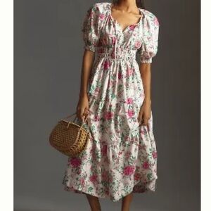 Anthropologie White Floral Maxi Dress with Pink & Green Print